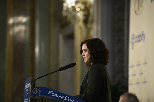 La presidenta de la Comunidad de Madrid, Isabel Díaz Ayuso, durante su intervención en un desayuno de Nueva Economía Fórum, en Madrid (España), a 18 de diciembre de 2019.