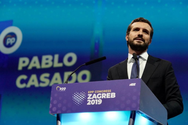 El presidente del PP, Pablo Casado, interviene en el Congreso del PPE en Zagreb, Croacia