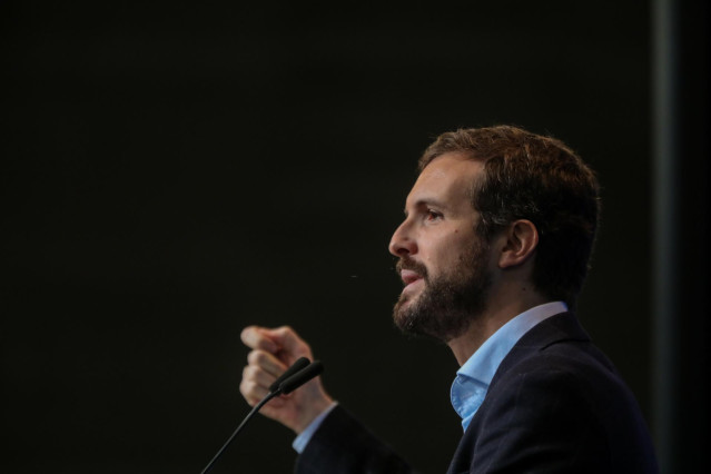 El presidente nacional del PP, Pablo Casado en la tradicional comida de Navidad del PP de la Comunidad de Madrid, a 14 de diciembre de 2019
