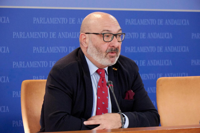 El portavoz parlamentario de Vox, Alejandro Hernández, en rueda de prensa en el Parlamento andaluz