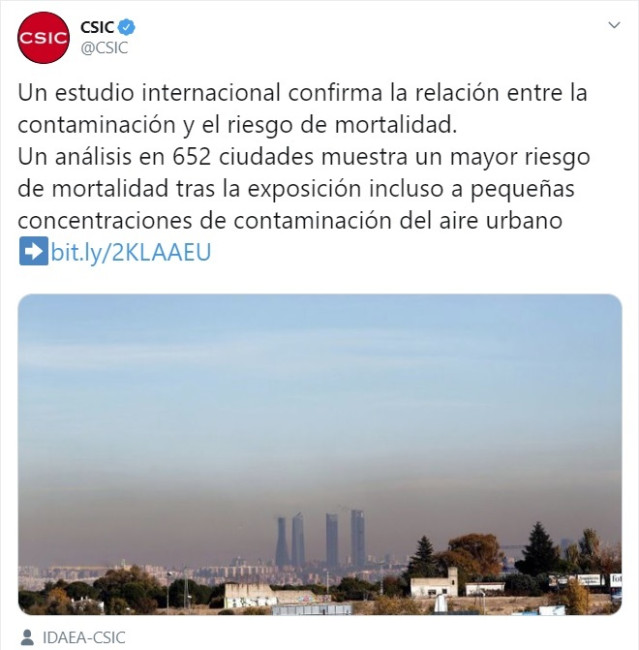Captura del tuit del CSIC sobre contaminación y mortalidad