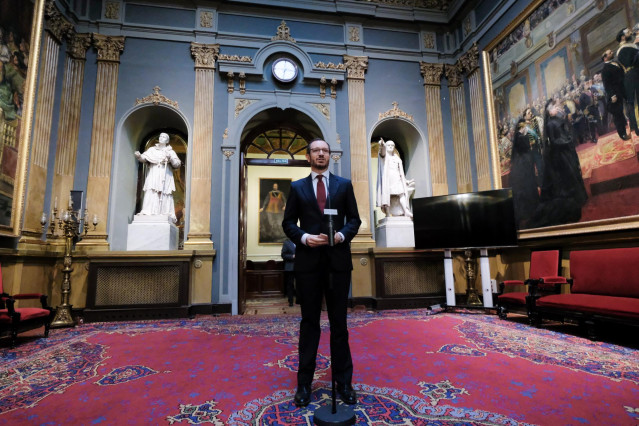 El portavoz del PP en el Senado, Javier Maroto, ofrece una rueda de prensa tras la sesión constitutiva de la XIV Legislatura en el Senado, en Madrid (España), a 3 de diciembre de 2019.