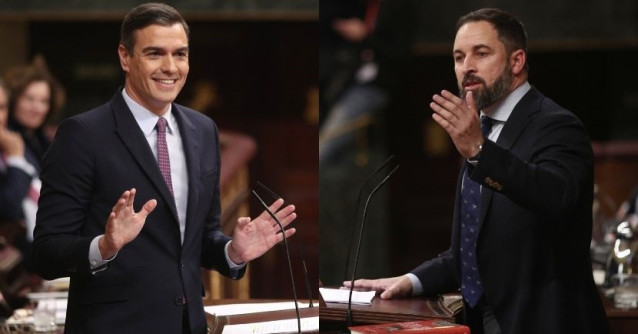 Montaje del presidente del Gobierno en funciones, Pedro Sánchez, y del líder de Vox, Santiago Abascal, durante la sesión de investidura