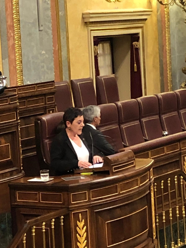 La portavoz de EH Bildu Mertxe Aizpurua  interviene en el Pleno del Congreso y el secretario cuarto de la Mesa del Congreso, Alfonso Suárez Illana, le da la espalda.