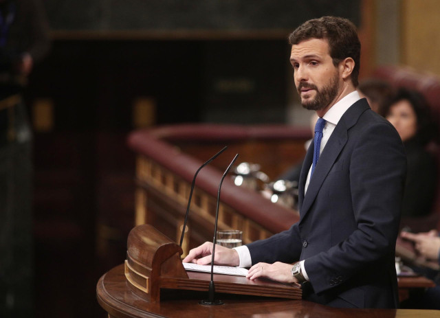 El presidente del Partido Popular, Pablo Casado, durante su intervención en la segunda sesión de votación para la investidura del candidato socialista a la Presidencia del Gobierno, en Madrid (España), a 7 de enero de 2020.