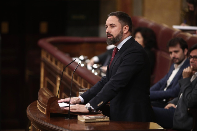 El presidente de VOX, Santiago Abascal, durante su intervención en la segunda sesión de votación para la investidura del candidato socialista para la Presidencia del Gobierno, en Madrid (España), a 7 de enero de 2020.