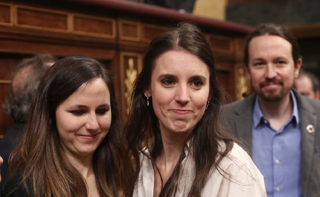 La portavoz adjunta de Unidas Podemos en el Congreso, Ione Belarra; la portavoz de Unidas Podemos en el Congreso, Irene Montero y el secretario general de Podemos, Pablo Iglesias