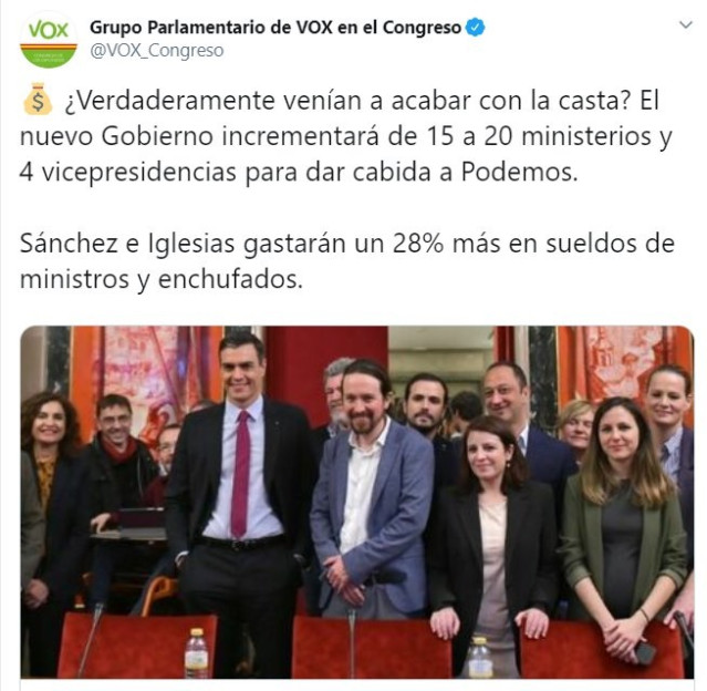 Captura de un comentario en Twitter del Grupo Parlamentario de Vox en el Congreso