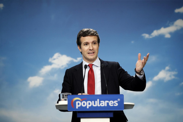 El presidente del PP, Pablo Casado, ofrece una rueda de prensa en la sede del PP
