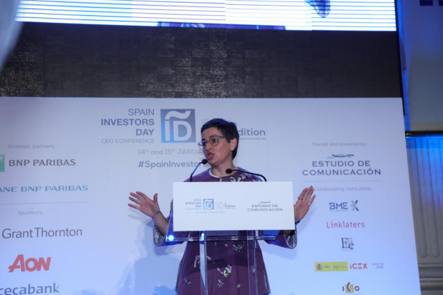 La ministra de Asuntos Exteriores, UE y Cooperación, Arancha González Laya, interviene en al primera jornada de la X edición del 'Spain Investors Day' en el Palacio de la Bolsa de Madrid el 14 de enero de 2020.