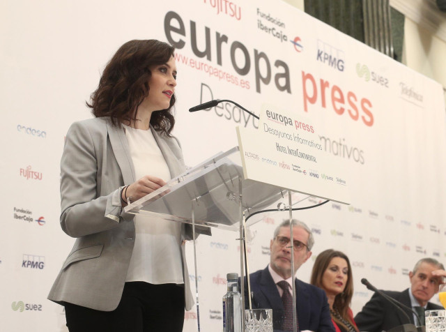La presidenta de la Comunidad de Madrid, Isabel Díaz Ayuso, durante su intervención en un desayuno informativo de Europa Press, en Madrid (España), 16 de enero de 2020.