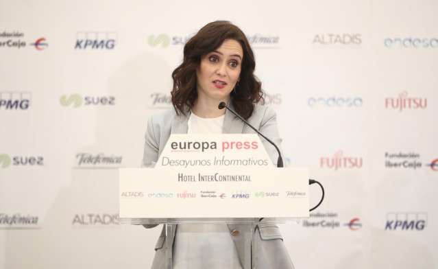 La presidenta de la Comunidad de Madrid, Isabel Díaz Ayuso, durante su intervención en un desayuno informativo de Europa Press, en Madrid (España), 16 de enero de 2020.