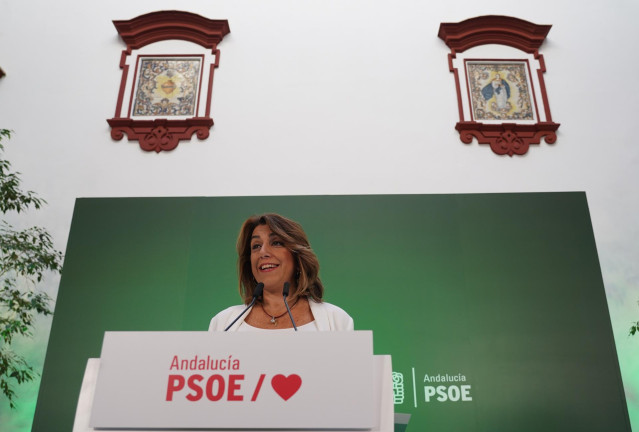 La secretaria general del PSOE-A, Susana Díaz, en  la rueda de prensa  para hacer balance del año de gobierno de PP-A y Cs en Andalucía, en Sevilla a 16 de enero 2020
