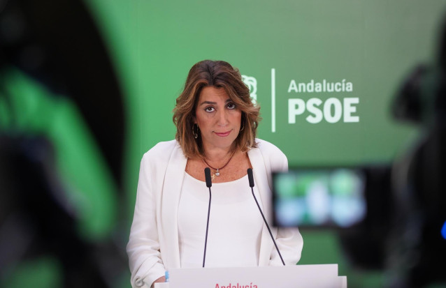 La secretaria general del PSOE-A, Susana Díaz, en  la rueda de prensa  para hacer balance del año de gobierno de PP-A y Cs en Andalucía, en Sevilla a 16 de enero 2020