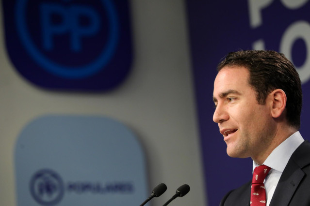 El secretario general del PP, Teodoro García Egea, en rueda de prensa tras la reunión con los consejeros de Hacienda del PP, en la sede de Génova, Madrid (España), a 17 de enero de 2020.