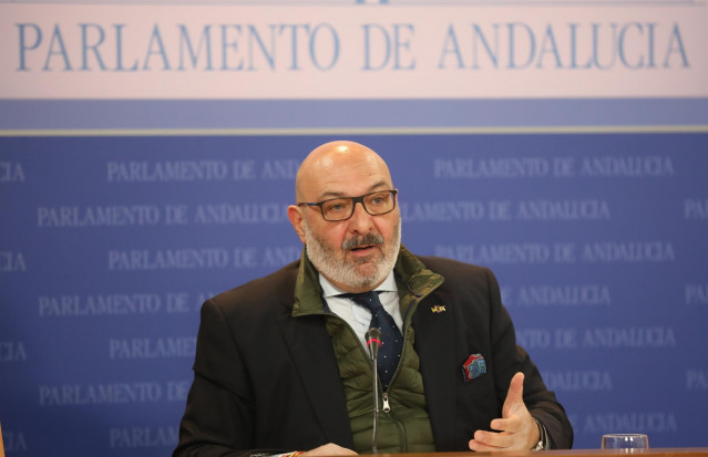 El portavoz del grupo parlamentario Vox en Andalucía, Alejandro Hernández, en rueda de prensa este lunes para abordar el pin parental