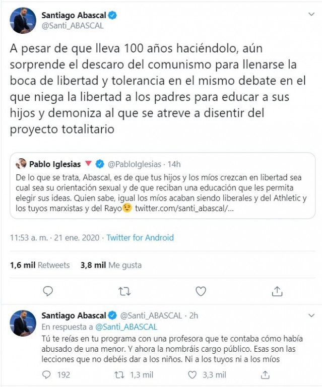 Captura del 'rifirrafe' entre el presidente de Vox, Santiago Abascal, y el vicepresidente y líder de Podemos, Pablo Iglesias, en Twitter