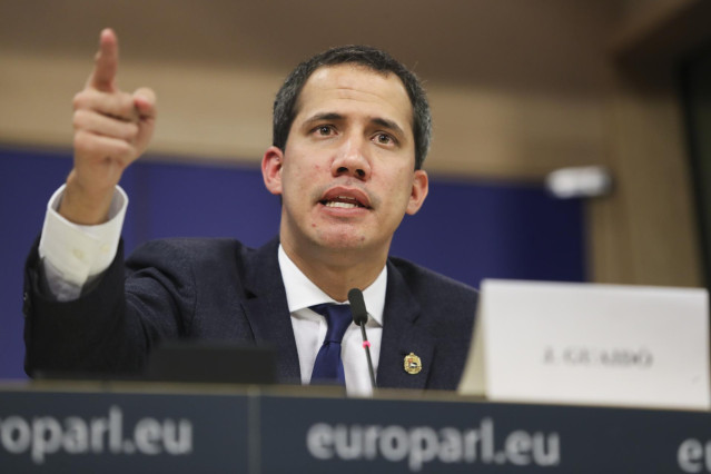 HANDOUT - 22 January 2020, Belgium, Brussels: Venezuelan opposition leader and self-appointed interim president Juan Guaido speaks at a press conference on the situation in Venezuela during his visit to the European Parliament. Photo: Didier Bauweraerts/E