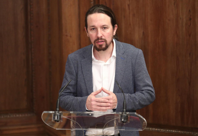 El secretario general de Podemos, Pablo Iglesias, durante su intervención en el acto de presentación del programa de Gobierno del PSOE y Unidas Podemos, en el Congreso de los Diputados, Madrid (España), a 30 de diciembre de 2019.