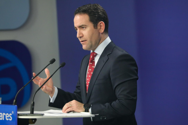 El secretario general del PP, Teodoro García Egea, en rueda de prensa tras la reunión con los consejeros de Hacienda del PP, en la sede de Génova, Madrid (España), a 17 de enero de 2020.