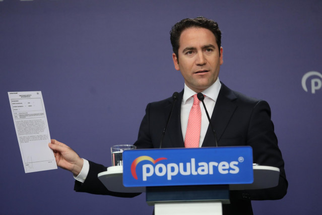 El secretario general del Partido Popular, Teodoro García Egea, en rueda de prensa tras la reunión del Comité de Dirección del Partido Popular, en Madrid (España), a 27 de enero de 2020.