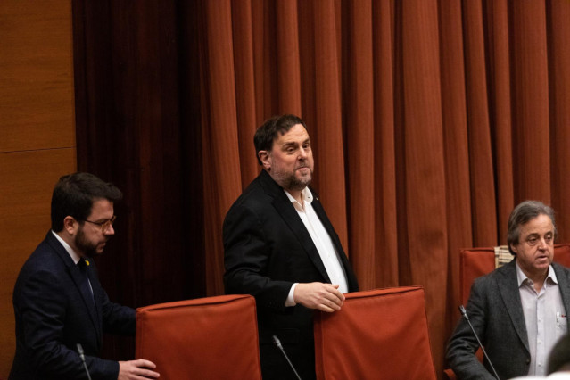 El exvicepresidente de la Generalitat en prisión, Oriol Junqueras, en la comisión del 155 del Parlament