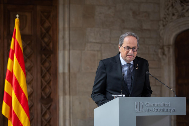 El president de la Generalitat, Quim Torra, a su llegada a la declaración institucional en la que ha afiramado que habrá un adelanto electoral en Cataluña, en el Palau de la Generalitat /Barcelona /Catalunya (España), a 29 de enero de 2020.