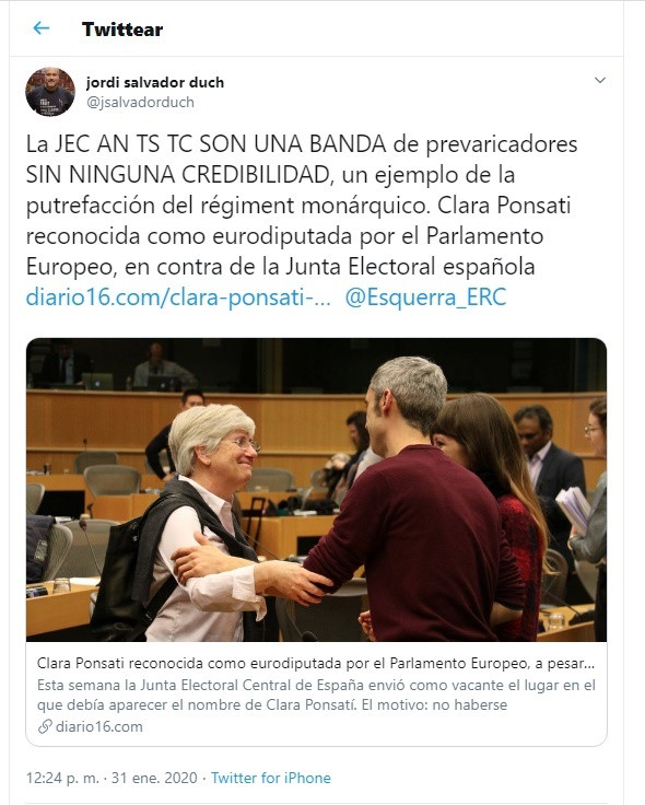 Mensaje del diputado de ERC Jordi Salvador llamando a los jueces 