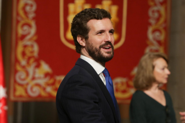 El presidente del PP, Pablo Casado, en el acto donde el presidente de la Asamblea Nacional Venezolana, Juan Guaidó, ha recibido la Medalla Internacional de la Comunidad de Madrid, en Madrid a 25 de enero de 2020