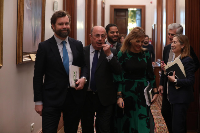 El portavoz de Vox en el Congreso de los Diputados, Iván Espinosa de los Monteros,  y las diputadas del PP Cayetana Ávarez de Toledo y Ana Pastor