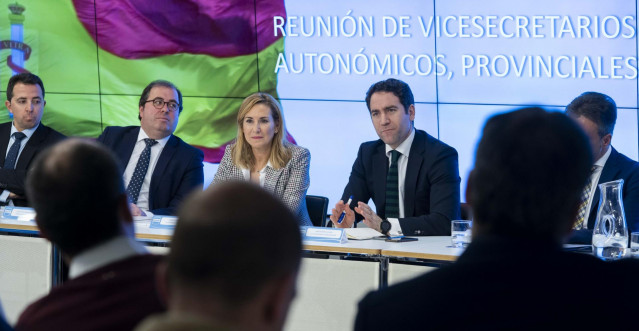 Acto del secretario general del PP, Teodoro García Egea, con la vicesecretaria de Organización, Ana Beltrán, en la sede del PP.