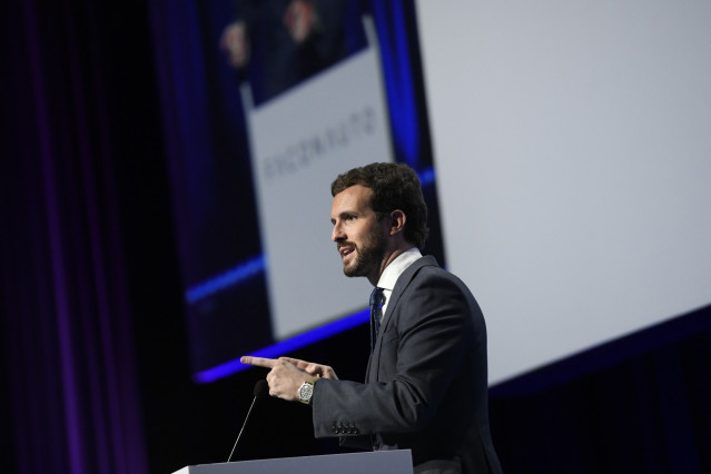 El presidente del PP, Pablo Casado, durante su intervención en la jornada inaugural del Congreso Nacional de la Distribución de la Automoción, en Madrid (España), a 5 de febrero 2020.