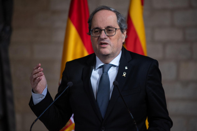 El president de la Generalitat, Quim Torra, en declaraciones ante los medios de comunicación tras su reunión con el presidente del Gobierno, Pedro Sánchez, en el Palau de la Generalitat, Barcelona /Catalunya (España), a 6 de febrero de 2020.