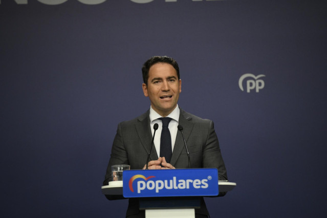 El secretario general del Partido Popular, Teodoro García Egea, ofrece una rueda de prensa tras una reunión con los consejeros de Hacienda del partido, en la sede del PP en la Calle Génova, en Madrid (España) a 7 de febrero de 2020.