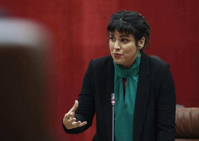 La lider del grupo parlamentario Adelante Andalucía, Teresa Rodríguez, durante su turno en la sesión de control al gobierno de la Junta de Andalucía.  En el Parlamento de Andalucía (Sevilla), a 05 de febrero de 2020.