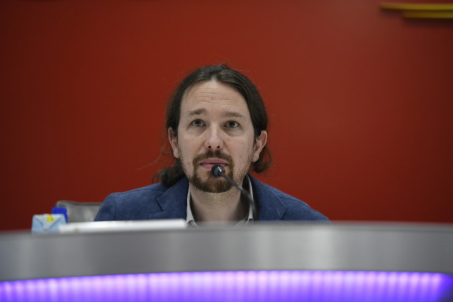 El vicepresidente segundo y ministro de Derechos Sociales y Agenda 2030, Pablo Iglesias durante su intervención en la Asamblea General de la Plataforma del Tercer Sector, en la sede de la Fundación ONCE, en Madrid (España), a 4 de febrero de 2020.