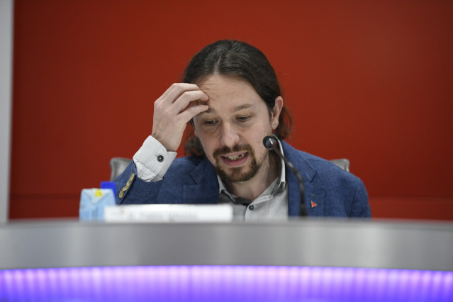 El vicepresidente segundo y ministro de Derechos Sociales y Agenda 2030, Pablo Iglesias durante su intervención en la Asamblea General de la Plataforma del Tercer Sector, en la sede de la Fundación ONCE, en Madrid (España), a 4 de febrero de 2020.