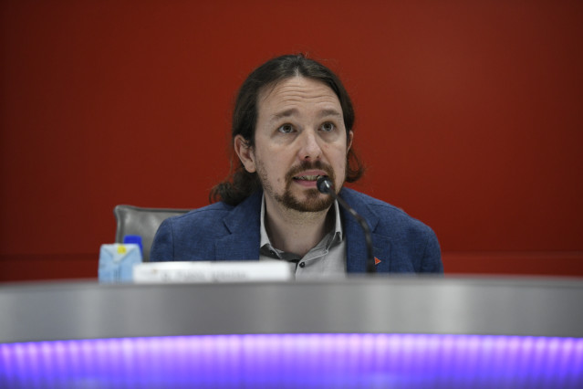 El vicepresidente segundo y ministro de Derechos Sociales y Agenda 2030, Pablo Iglesias durante su intervención en la Asamblea General de la Plataforma del Tercer Sector, en la sede de la Fundación ONCE, en Madrid (España), a 4 de febrero de 2020.