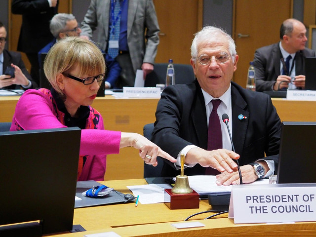 HANDOUT - 20 January 2020, Belgium, Brussels: EU foreign policy chief Josep Borrell (R) opens the European Foreign Affairs Council meeting on Libya in Brussels. Photo: -/EU Council/dpa - ATTENTION: editorial use only and only if the credit mentioned above