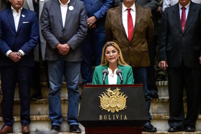 22 January 2020, Bolivia, La Paz: Interim President of Bolivia Jeanine Anez delivers an address to the nation at the Presidential Palace to mark the anniversary of naming Bolivia the 