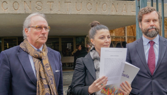 El portavoz de Vox en el Congreso, Iván Espinosa de los Monteros; la secretaria general del grupo parlamentario, Macarena Olona; y el diputado Juan Aizcorbe, ante el Tribunal Constitucional