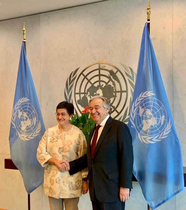 La ministra de Asuntos Exteriores, Arancha González Laya, se reúne con el secretario general de la ONU, el portugués António Guterres