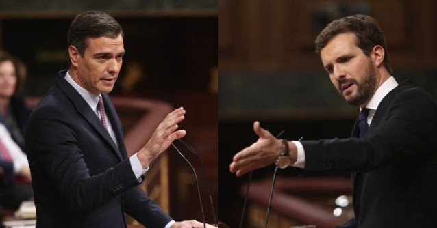 Montaje del presidente del Gobierno en funciones, Pedro Sánchez, y el líder del PP, Pablo Casado, durante el debate de investidura