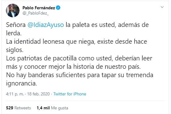 Captura de pantalla del tuit del secretario general de Podemos en Castilla y León, Pablo Fernández, en el que se refiere a la presidenta de la Comunidad de Madrid, Isabel Díaz Ayuso.