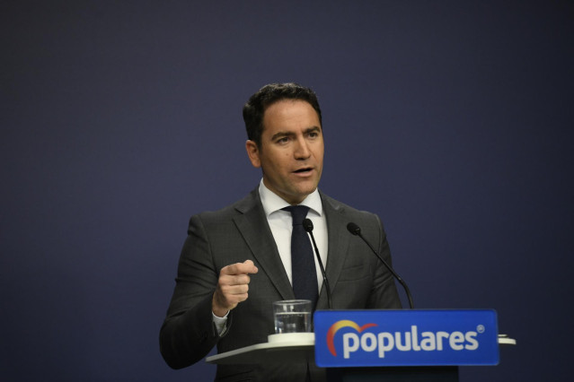 El secretario general del Partido Popular, Teodoro García Egea, ofrece una rueda de prensa tras una reunión con los consejeros de Hacienda del partido, en la sede del PP en la Calle Génova, en Madrid (España) a 7 de febrero de 2020.