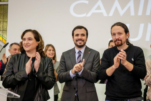 Ada Colau, Alberto Garzón y Pablo Iglesias, en el encuentro confederal de Unidas Podemos celebrado en la Fundación Diario Madrid, a 22 de febrero de 2020.