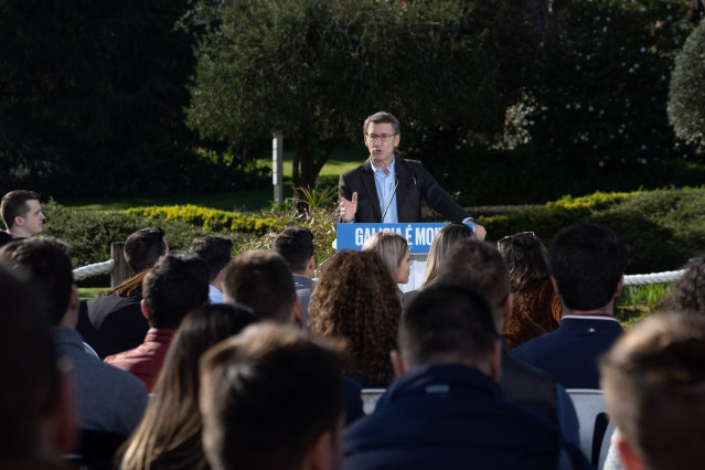 El líder del PPdeG y candidato a la reelección al frente de la Xunta, Alberto Núñez Feijóo, en el acto en Pontevedra