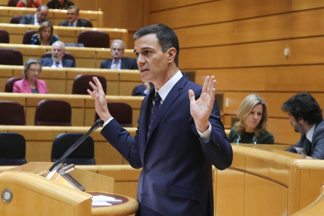 El presidente del Gobierno, Pedro Sánchez, durante el pleno en el Senado