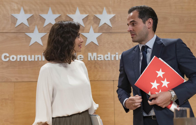 La presidenta de la Comunidad de Madrid, Isabel Díaz Ayuso, y el vicepresidente, Ignacio Aguado. Imagen de recurso