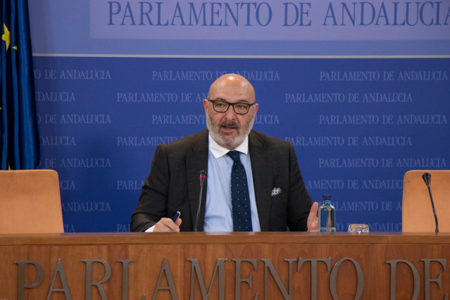 El portavoz parlamentario de Vox, Alejandro Hernández, en rueda de prensa.